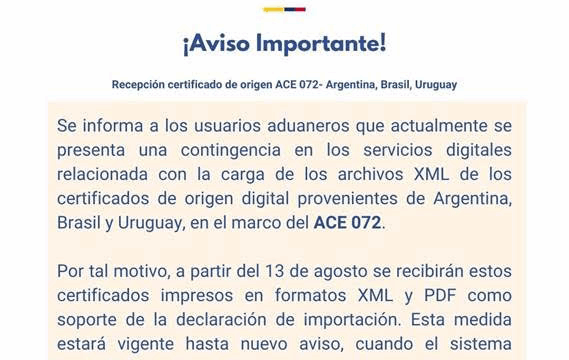 CONTINGENCIA EN CARGA DE CERTIFICADOS ACE 072 (ARGENTINA, BRASIL, URUGUAY)