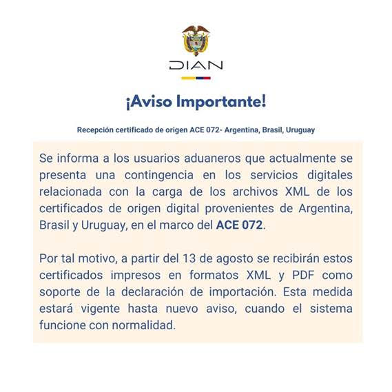CONTINGENCIA EN CARGA DE CERTIFICADOS ACE 072 (ARGENTINA, BRASIL, URUGUAY)